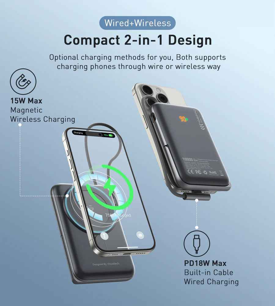 Choetech Powerbank with Bracket & USB-C Cable & Power Display Black