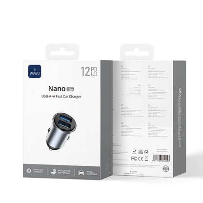 WiWU Wi‑CC031 Nano Lite 12W Dual USB Car Charger QC3.0 Fast Charging Compact Aluminum Alloy